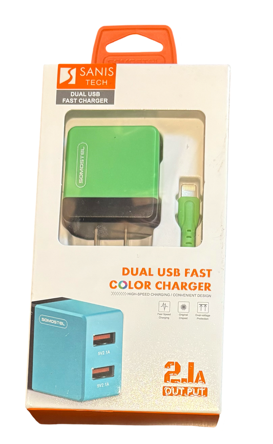 Dual USB Fast Color Charger - Lime Green