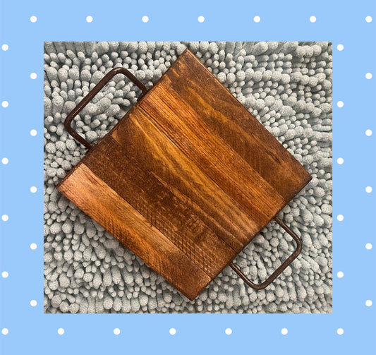 Hand-crafted Small Wood Tray with Iron Handles
