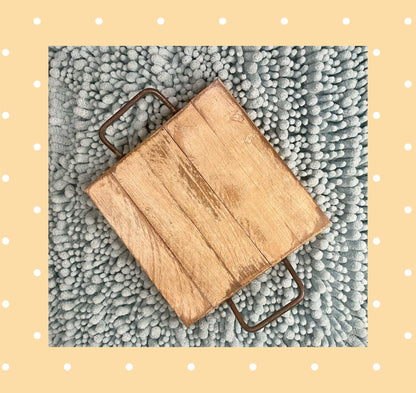 Hand-crafted Small Wood Tray with Iron Handles