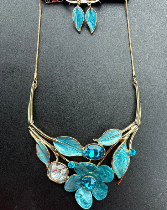 Blue Flowers &amp; Leaves Bib Statement Necklace and Earring Set