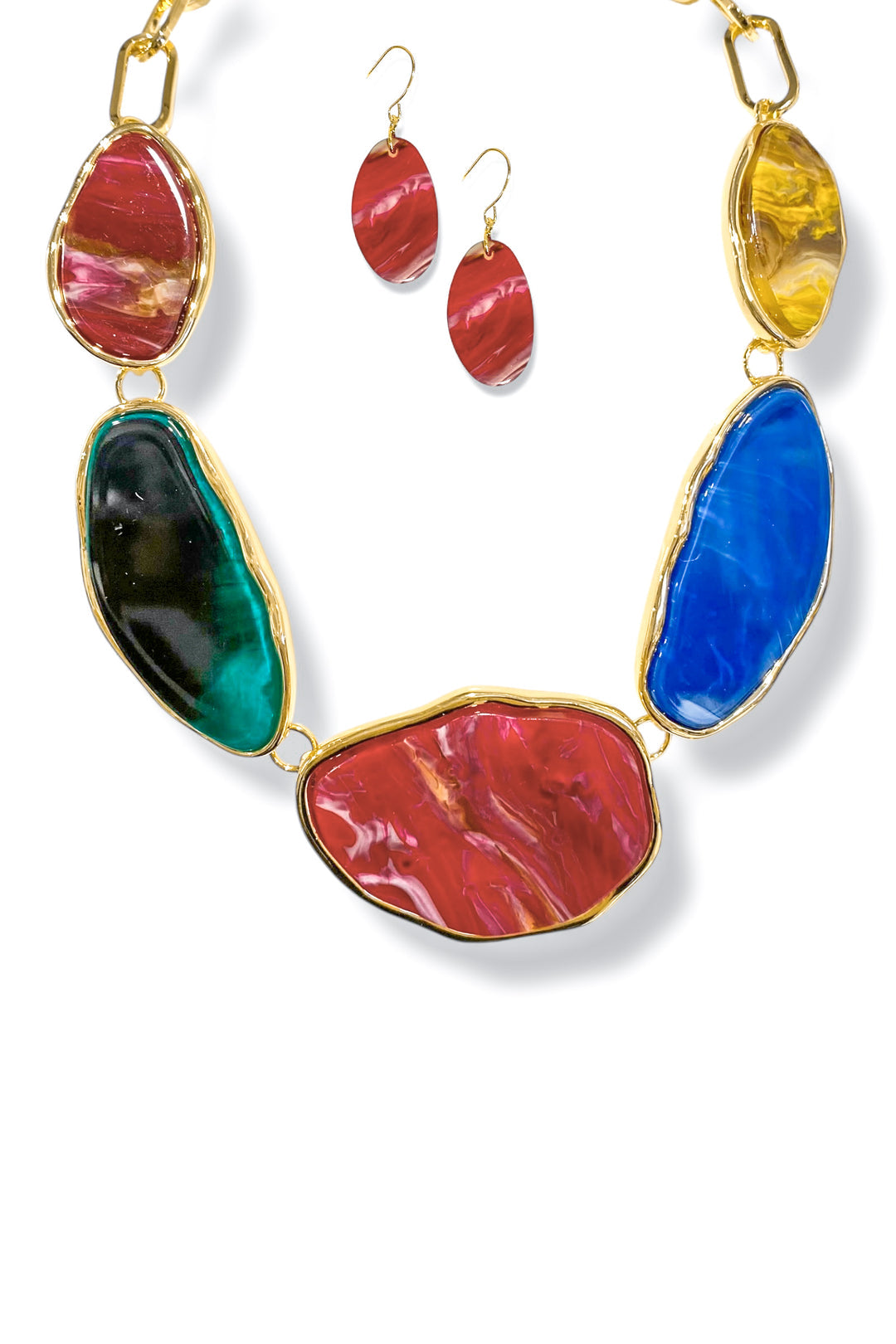 Lucite & Gold Bib Style Necklace & Earring Set multicolored