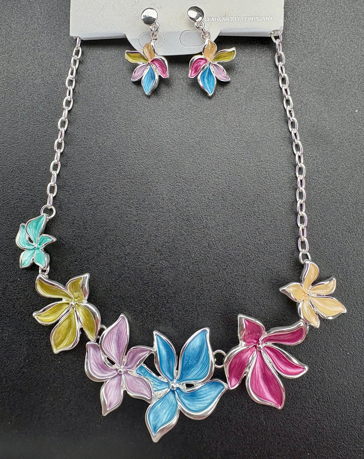 Enamel Flower Silver Necklace & Earring Set