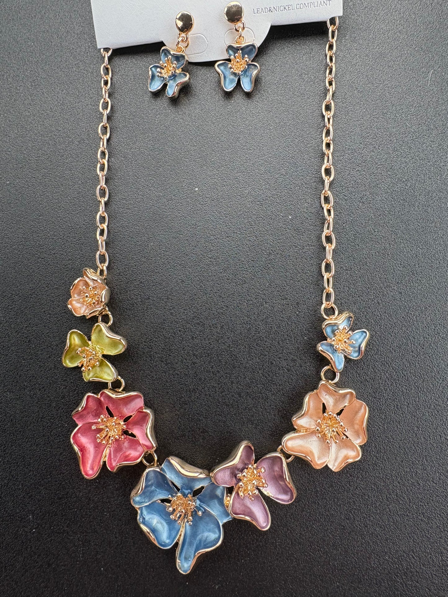 Enamel Flower Statement Necklace & Earring Set multicolored