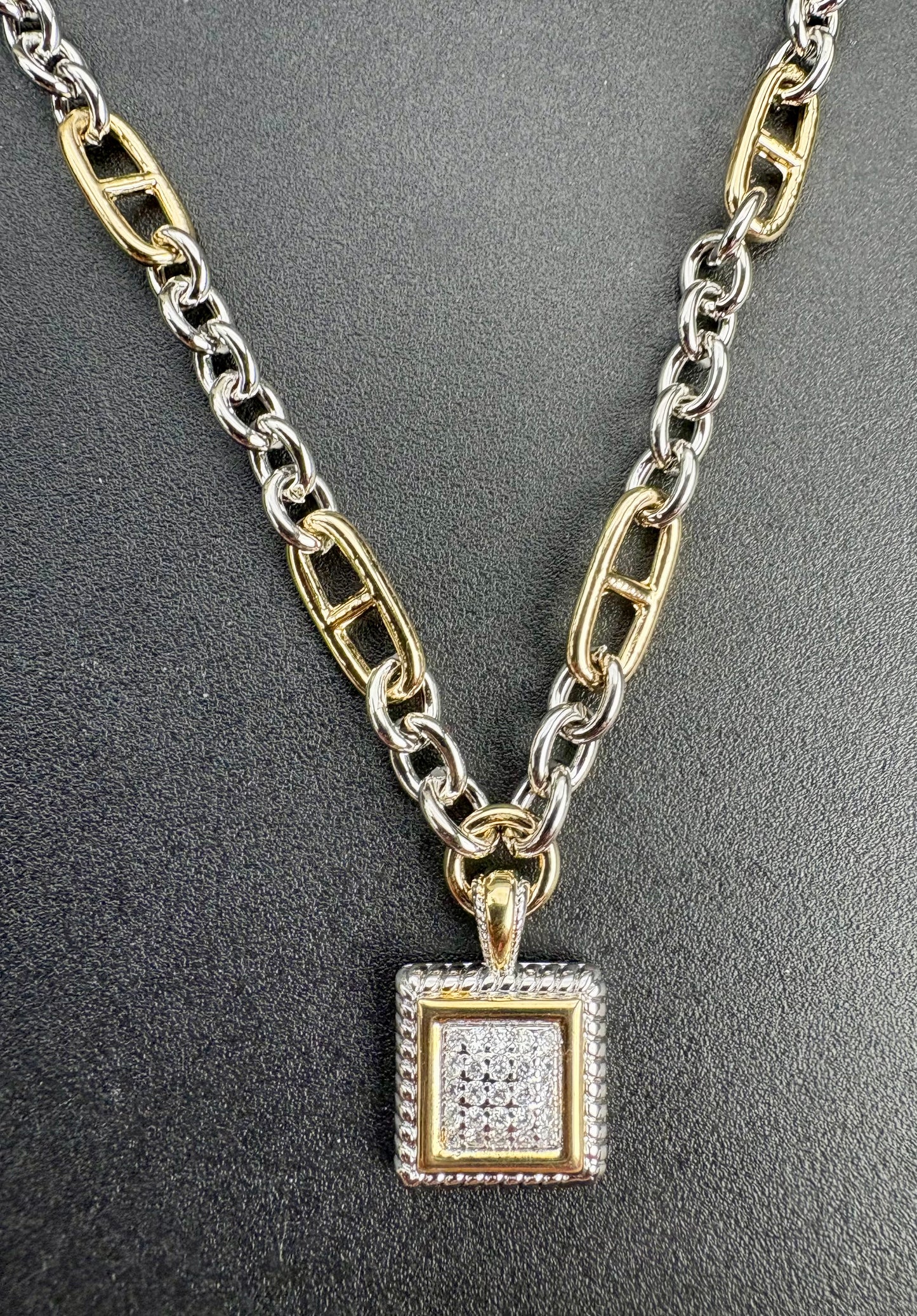 14 KG Plated Cubic Zirconia Stone Pave Square Pendant Necklace