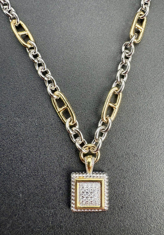 14 KG Plated Cubic Zirconia Stone Pave Square Pendant Necklace