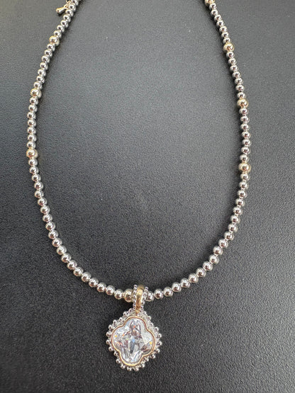 14 KG Plated Cubic Zirconia Clover Pendant Beaded Necklace