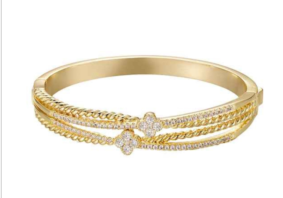 Bracelet - Twisted and layered clover CZ and gold hinged push button lock bangle