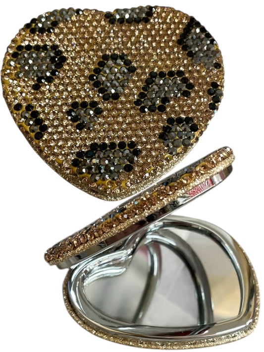 Bling Bling!! Heart Shaped Compact Folding Mirror in Leopard