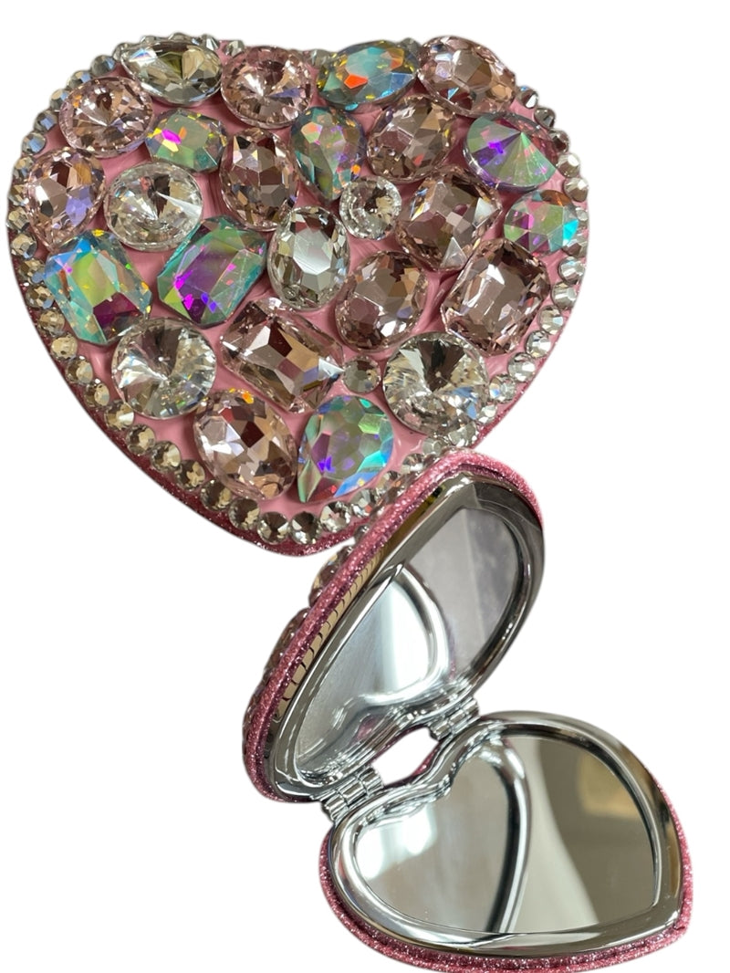 Bling Bling!! Heart Shaped Compact Folding Mirror in Pink Large Rhinestone