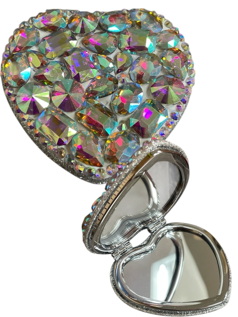 Bling Bling!! Heart Shaped Compact Folding Mirror in Silver AB Large Rhinestone