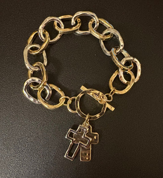 Two Tone Hammered Chain Link Bracelet with Cross Charms on Toggle Clasp