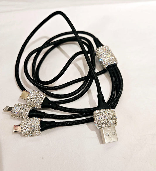 Bling Bling! Black Crystal Rhinestone Mobile Phone Data Charging Cable 3 in 1 Lightning, USB C, Micro USB to USB - Apple iPhone iPad Android Cell Phone