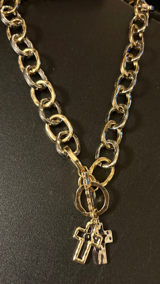 Two Tone Hammered Chain Link Necklace with Cross Charms on Toggle Clasp
