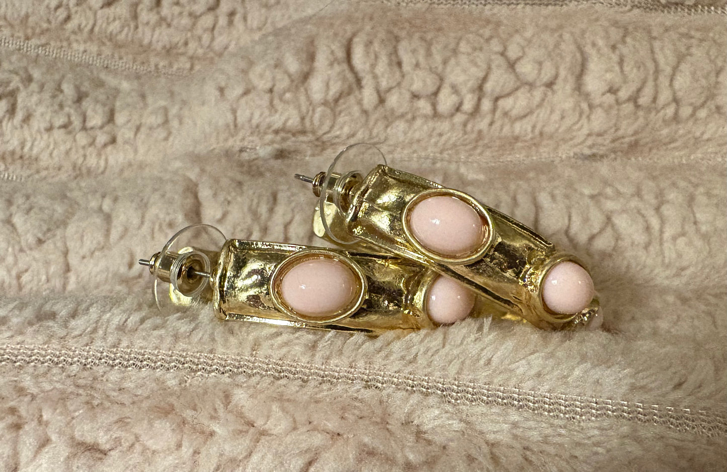 Hammered Gold Statement Hoop Earrings with Ovals Cabs available in 6 colors. Matching bracelets available