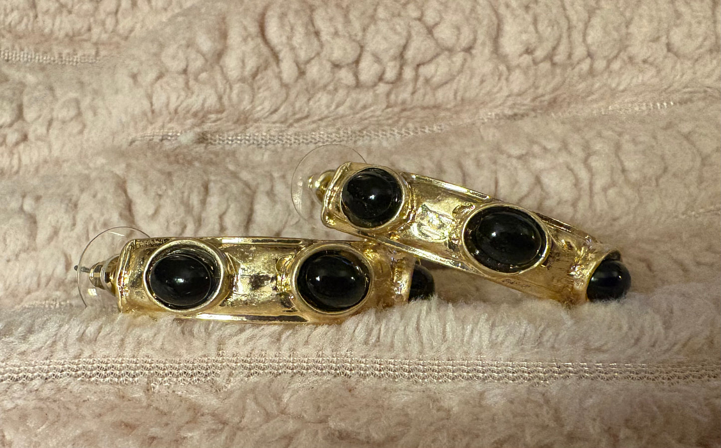 Hammered Gold Statement Hoop Earrings with Ovals Cabs available in 6 colors. Matching bracelets available