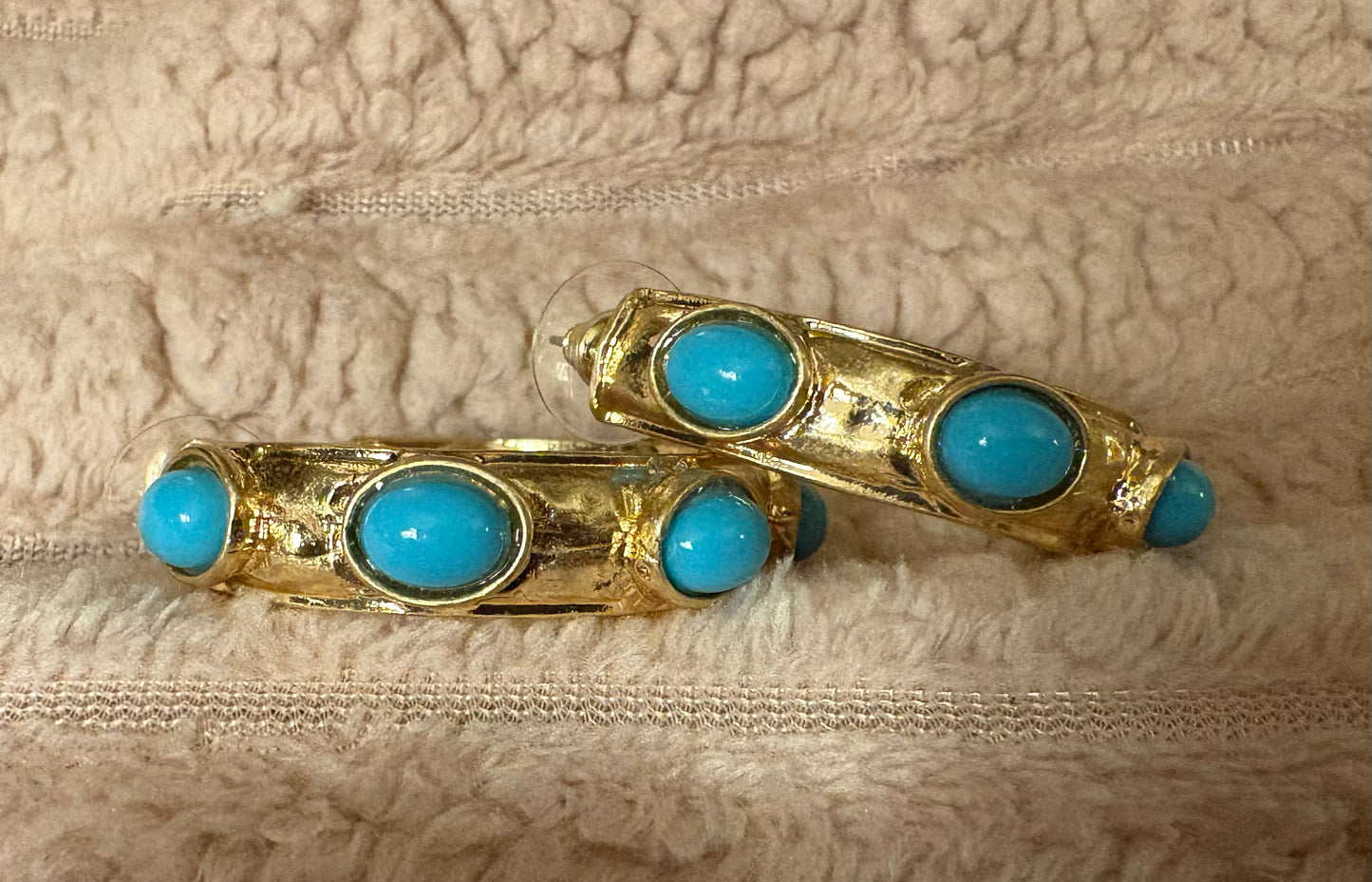 Hammered Gold Statement Hoop Earrings with Ovals Cabs available in 6 colors. Matching bracelets available