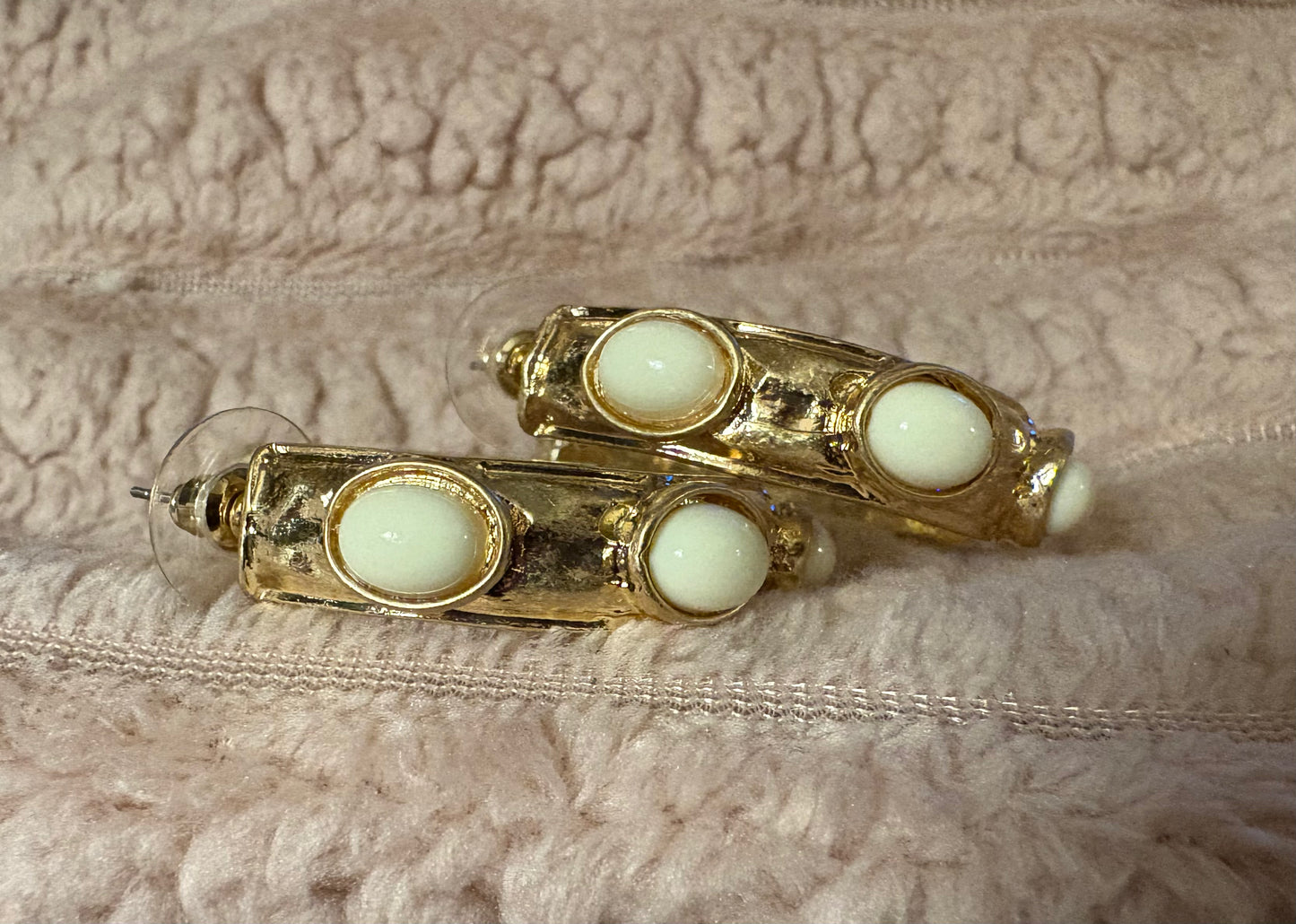 Hammered Gold Statement Hoop Earrings with Ovals Cabs available in 6 colors. Matching bracelets available