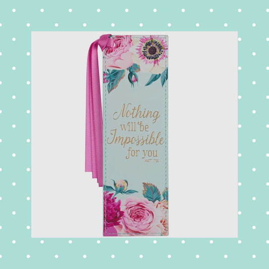 Nothing Will Be Impossible Mint Green Floral Faux Leather Bookmark - Matthew 17:20