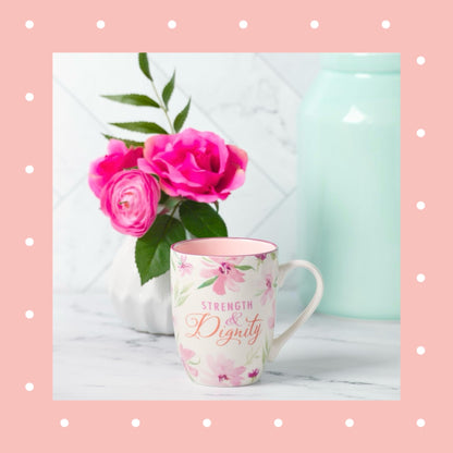 Strength and Dignity Pink Blossom Ceramic Coffee Mug - Proverbs 31:25