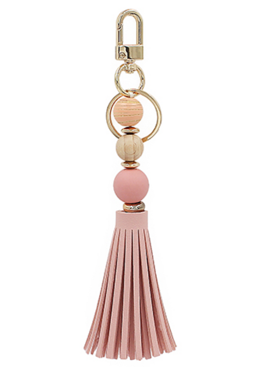 Classy Silicone & Wood Beaded Keyring/Keychain with Tassel - pink and orange