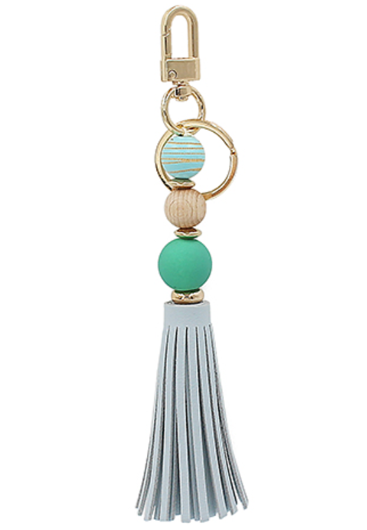Classy Silicone & Wood Beaded Keyring/Keychain with Tassel - blue and turquoise