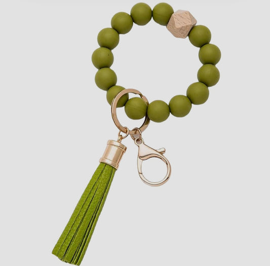 Silicone and Wood Beaded Wristlet / Tassel Key Chain - Olive