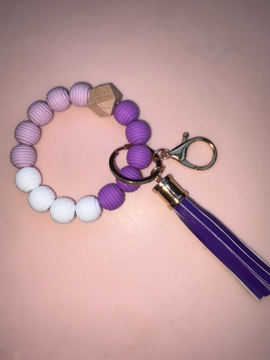 Silicone and Wood Beaded Wristlet / Tassel Key Chain - Purple