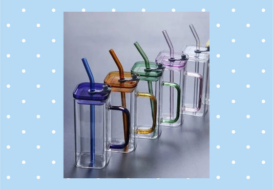 Glass Square blue glass tumblers with lid and straw