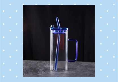 Glass Square blue glass tumblers with lid and straw