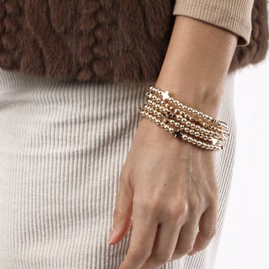 5 Stack Bead and Cross Stretch Bracelet, gold beads and crosses
