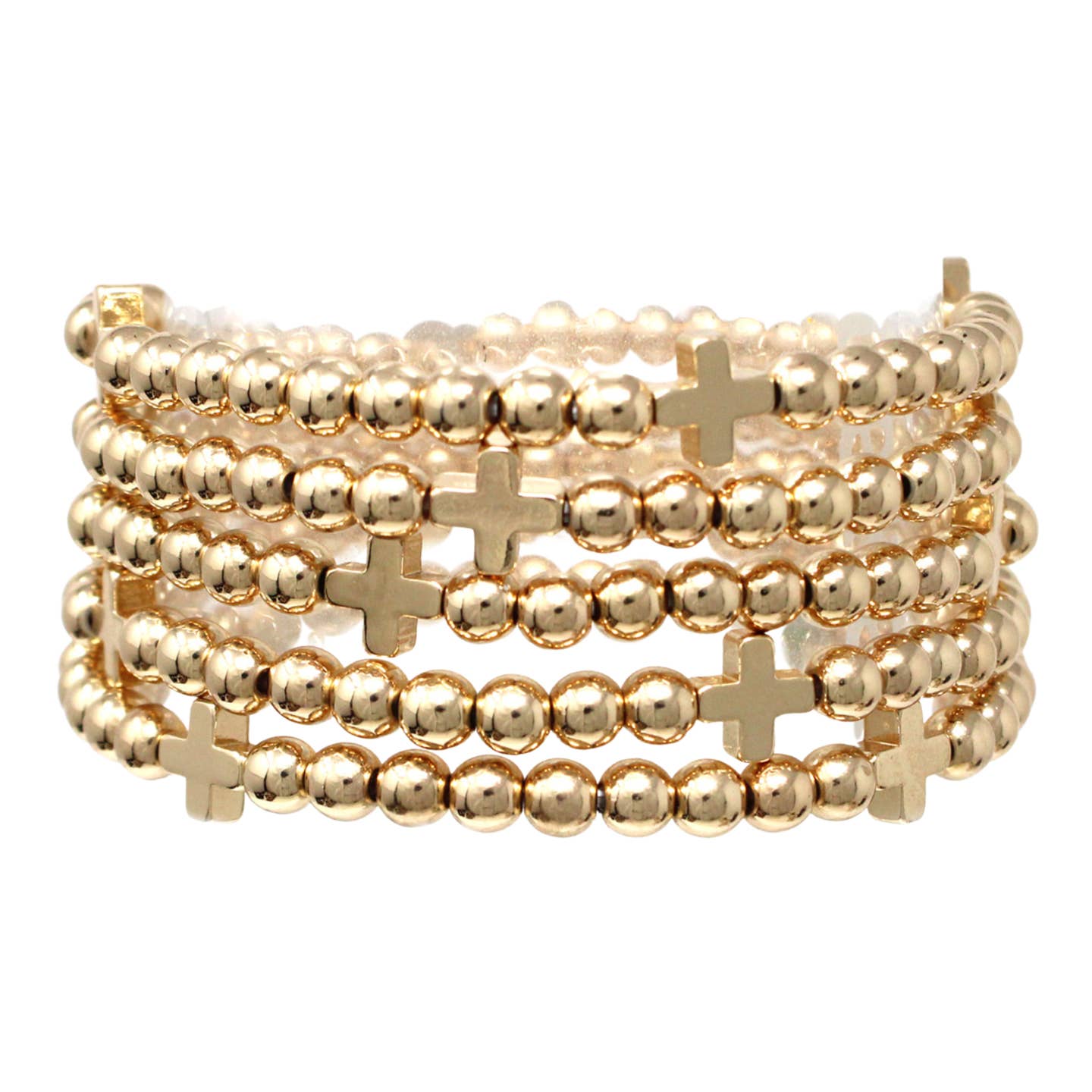 5 Stack Bead and Cross Stretch Bracelet, gold beads and crosses