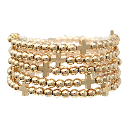 5 Stack Bead and Cross Stretch Bracelet, gold beads and crosses