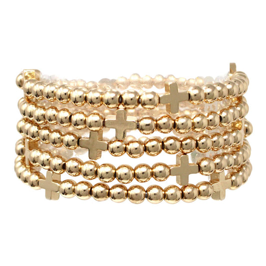 5 Stack Bead and Cross Stretch Bracelet, gold beads and crosses