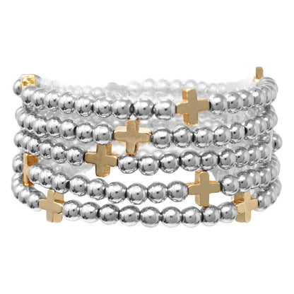 5 Stack Bead and Cross Stretch Bracelet, Two Tone silver beads and gold crosses