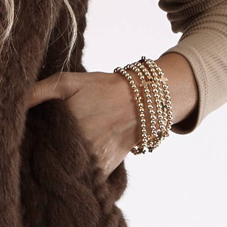 5 Stack Bead and Cross Stretch Bracelet, Two Tone silver beads and gold crosses