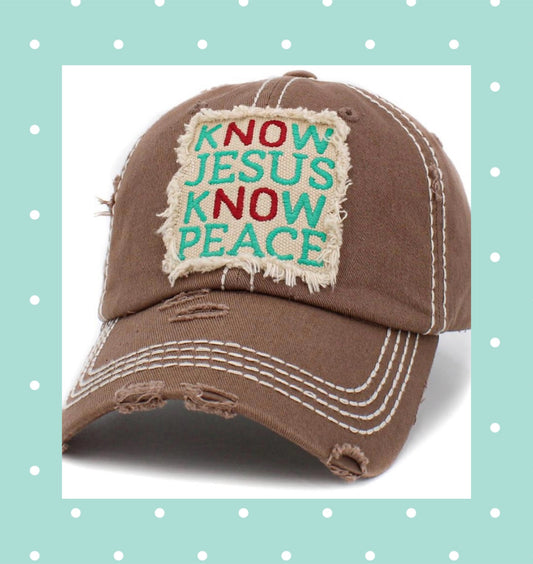Distressed Know Jesus Know Peace brown hat, baseball cap, women’s ball cap, messy hair cap