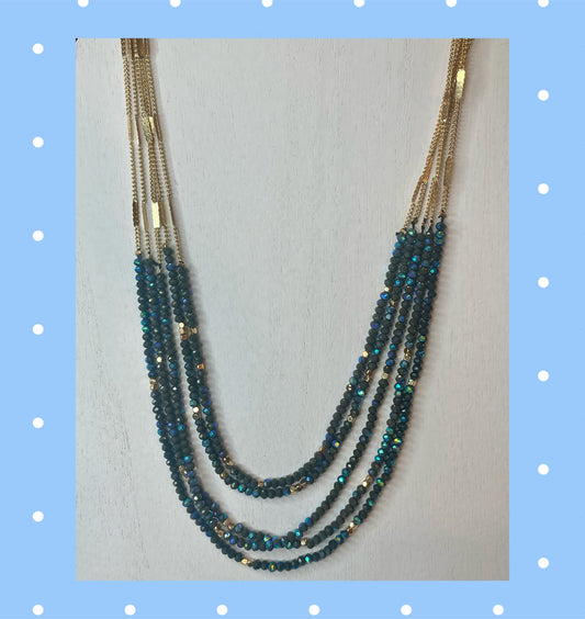 Multi-Strand Bead Layered Necklace - Iridescent Blue and Gold Tone
