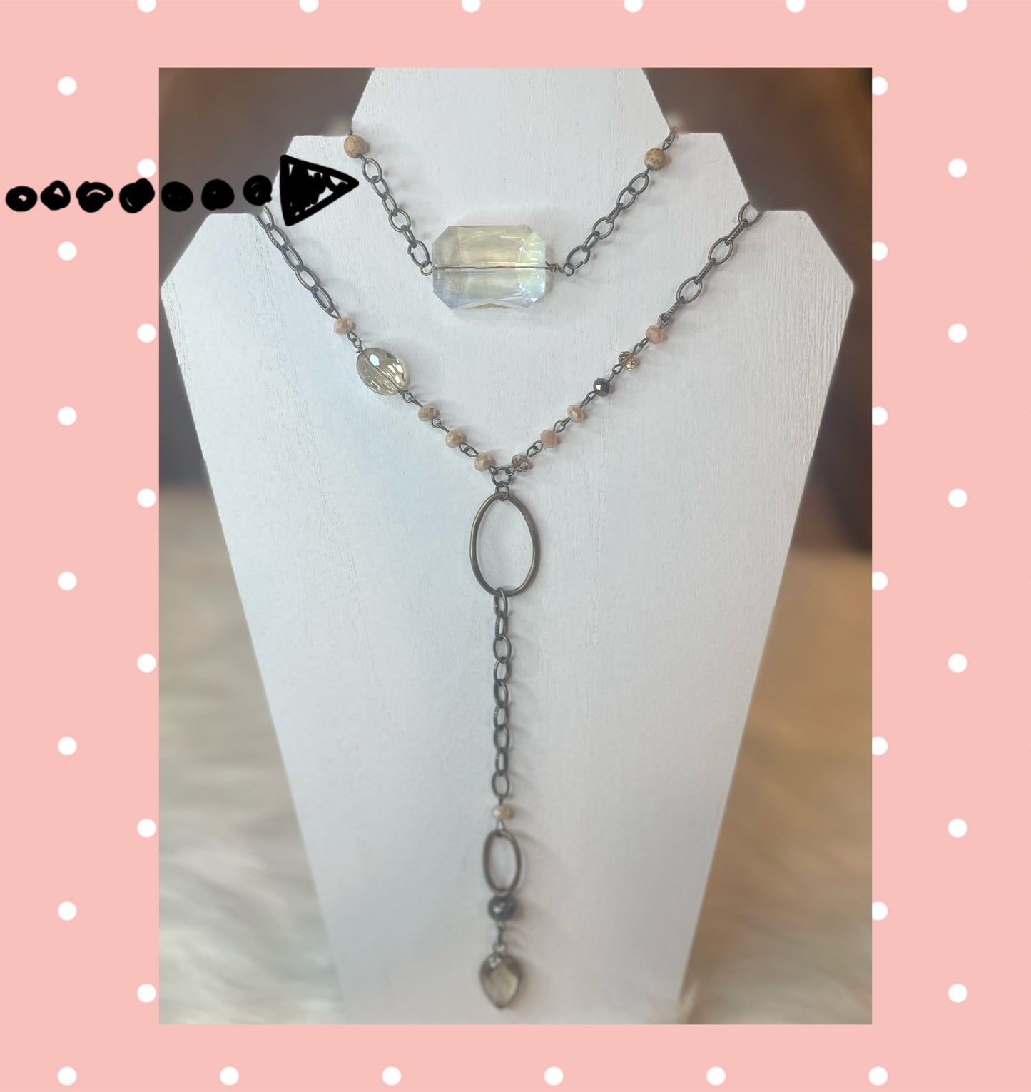 Gorgeous faceted crystal glass with gemstone beads and antiqued brass chain