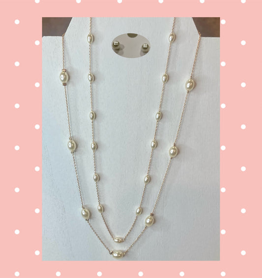 Double strand pearl layering necklace with pearl stud set
