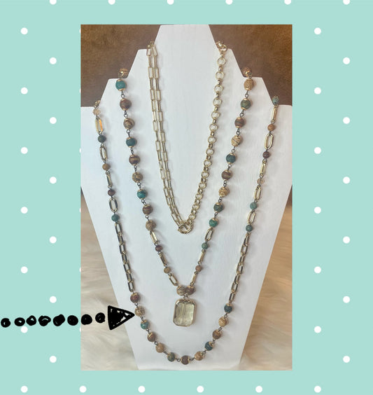 Natural Beaded Chain Link Long Necklace