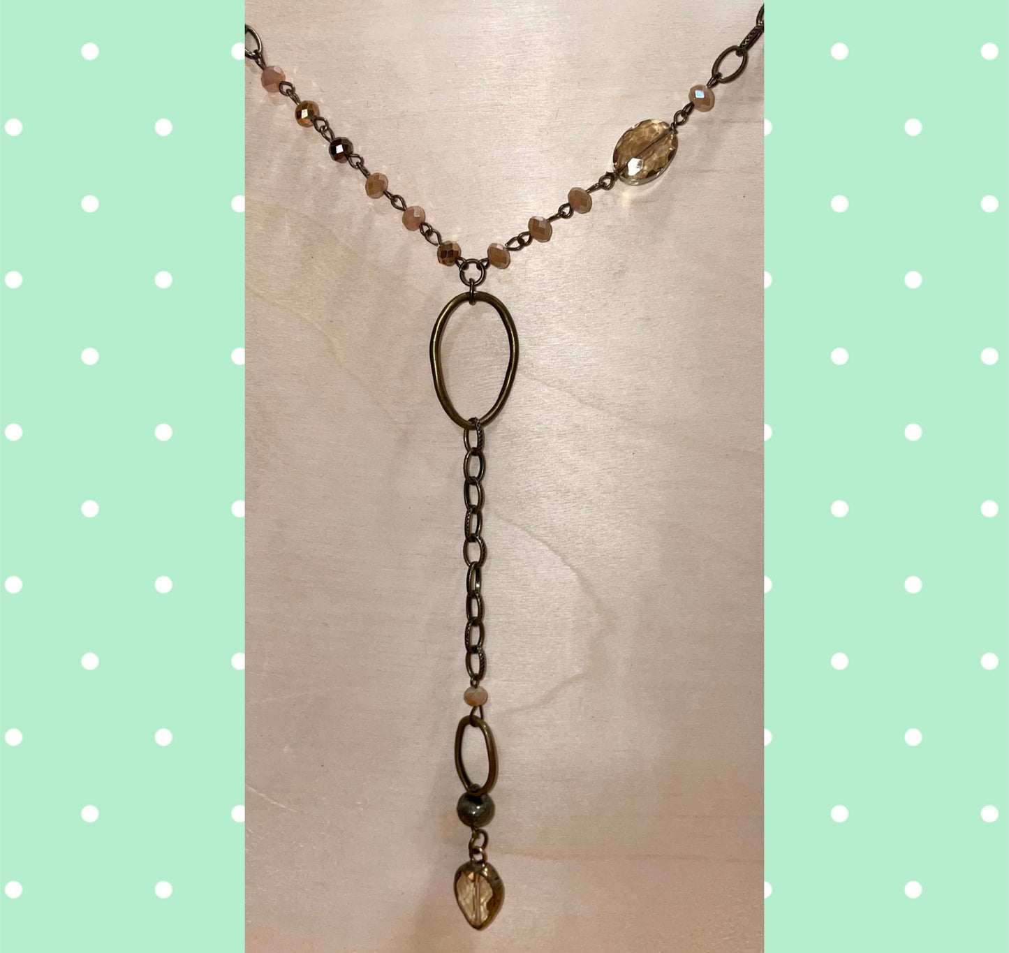 Long Lariat Vintage Style Necklace with Faceted Glass & Antiqued Brass Chain