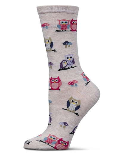 Memoi’ It's Owl Good Bamboo Crew Socks - Ivory Heather