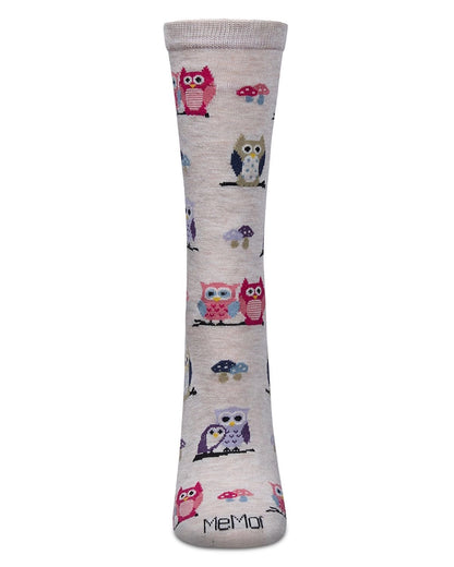 Memoi’ It's Owl Good Bamboo Crew Socks - Ivory Heather