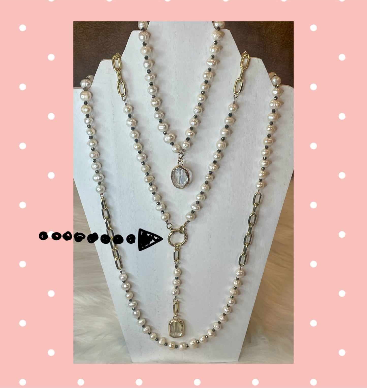 Long lariat pearl necklace with faceted crystal drop