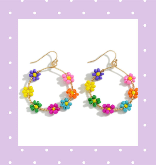 Flower Beaded Hoop Earrings - 5 colors available