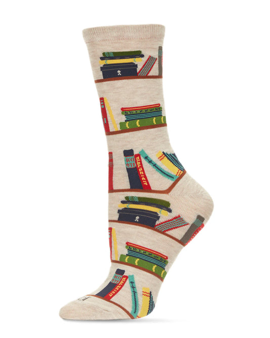 MeMoi’ Let's Read Bookshelf Bamboo Blend Crew Socks - Hemp Heather