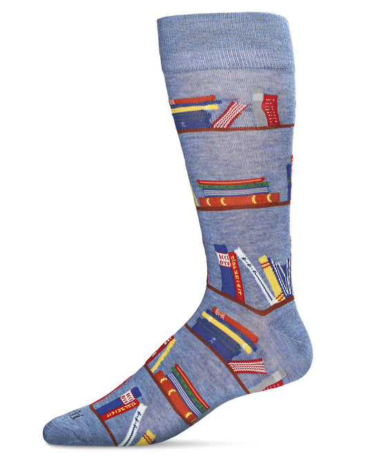 MeMoi’ Men's "Bookshelf" Rayon from Bamboo Blend Novelty Crew Sock - Denim Heather