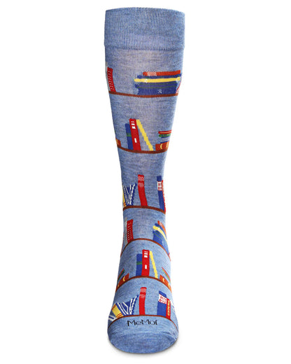 MeMoi’ Men's "Bookshelf" Rayon from Bamboo Blend Novelty Crew Sock - Denim Heather