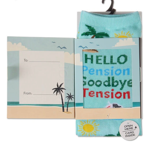 MeMoi’ Happy Retirement - Goodbye Tension Hello Pension Greeting Card Crew Socks - Aqua Splash