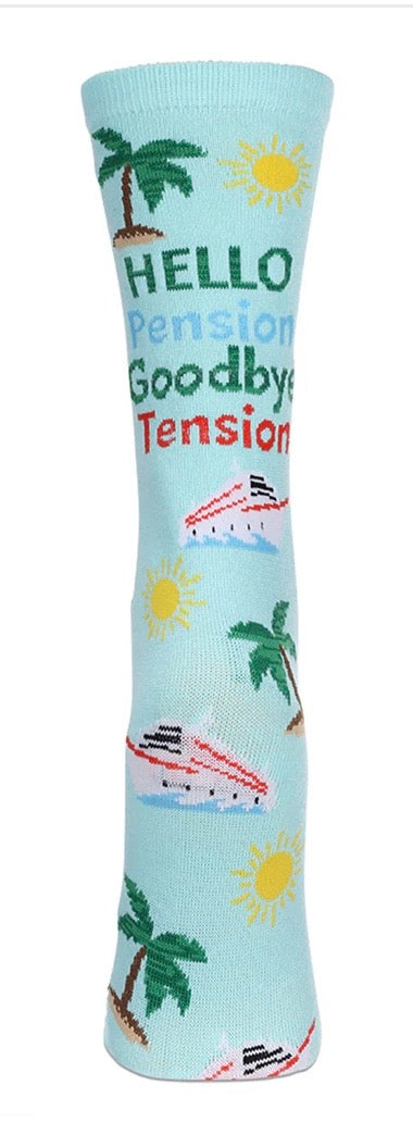 MeMoi’ Happy Retirement - Goodbye Tension Hello Pension Greeting Card Crew Socks - Aqua Splash